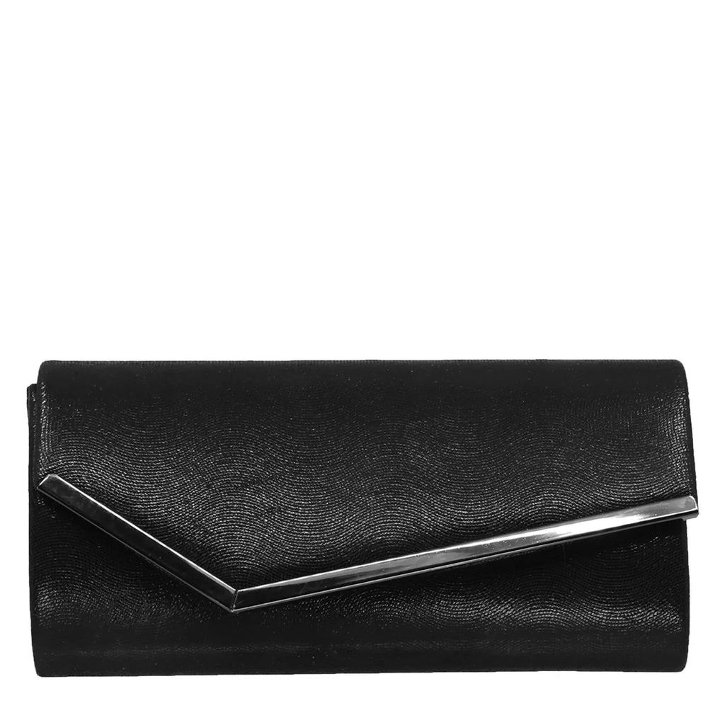 Elevate your evening with the modern and sleek Taxi Ada clutch. Crafted with a soft metallic finish, this handbag boasts a compact main compartment, magnetic snap closure, and asymmetrical envelope flap with a metal bar accent. Its versatile design also includes a satin lining, interior pocket, and removable crossbody chain strap.