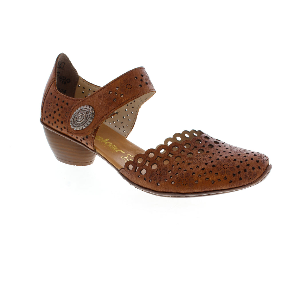 The Rieker 43753-22 is a brown pump featuring smooth leather with an open-work design detail. Its stitched construction ensures stability, while the flexible sole adapts to your foot naturally. The velcro fastener allows quick on-and-off wear, and the light, shock-absorbing block heel delivers comfort all day long.