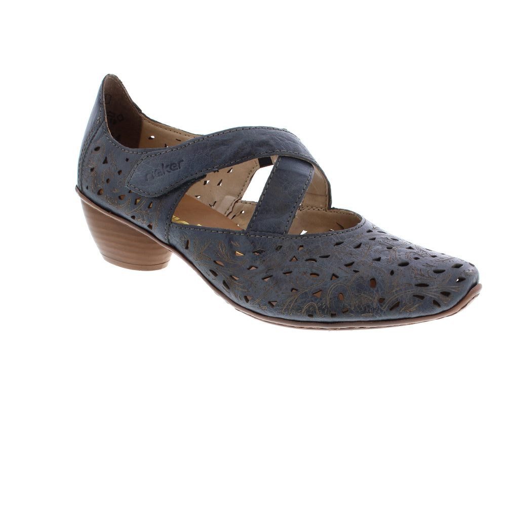 Step into effortless comfort with this Rieker 43773-12 pump featuring a perforated leather upper and almond toe design. The easy velcro closure, foam midsole, and man-made leather footbed provide all-day support. With a low block heel, it's the perfect pump for day to night wear.