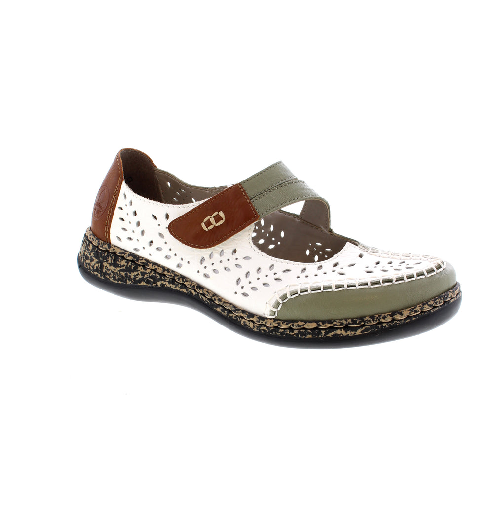 Experience the ultimate comfort and style with Rieker 46363-90 shoes! Made of smooth leather, these multi-coloured shoes feature a robust stitchdown construction for durability and a flexible sole. The hook and loop fastener makes them easy to slip on. With a light and shock-absorbing wedge heel and extra soft cover sole, each step feels like a dream. Don't miss out on your new favourite shoes!