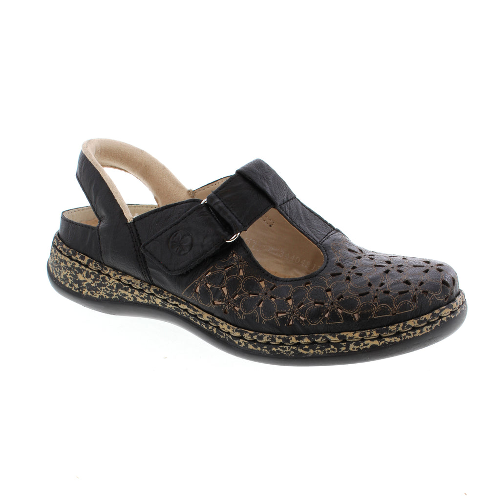 This Rieker flat pairs perforated leather with practical velcro and back strap closures for easy on-and-off wear. The removable insole and foam midsole deliver cushioned support, while the orthotic-friendly design accommodates narrow to medium feet.