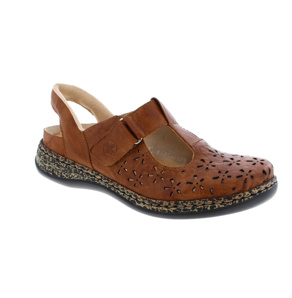 Rieker's 46397-22 casual SHOE features a comfortable brown leather upper with perforated detailing for breathability. The back strap and velcro closure ensure a secure fit, while the removable insole and orthotic-friendly design provide excellent support for all-day wear.