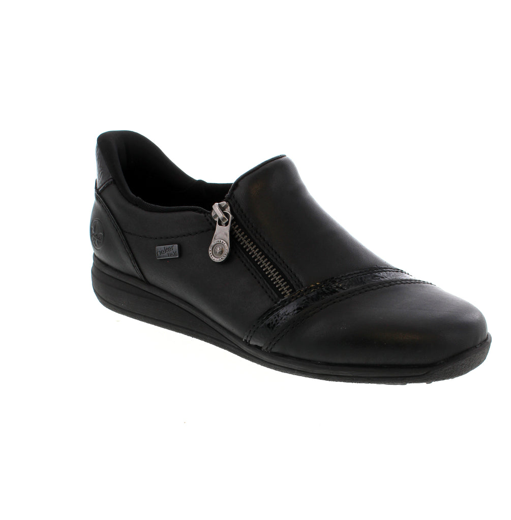 Experience effortless style and comfort with the Rieker 47264-00 in black. Crafted from smooth leather, these shoes feature a convenient zipper and the Ready2GO design for easy slip-on wear. The grippy sole ensures stable footing, while the padded, removable insole provides lasting comfort. Extra width allows your toes to move freely, and the RiekerTEX membrane protects against wind and moisture. Perfect for all-day wear, these shoes combine functionality with sleek design to keep you comfortable.