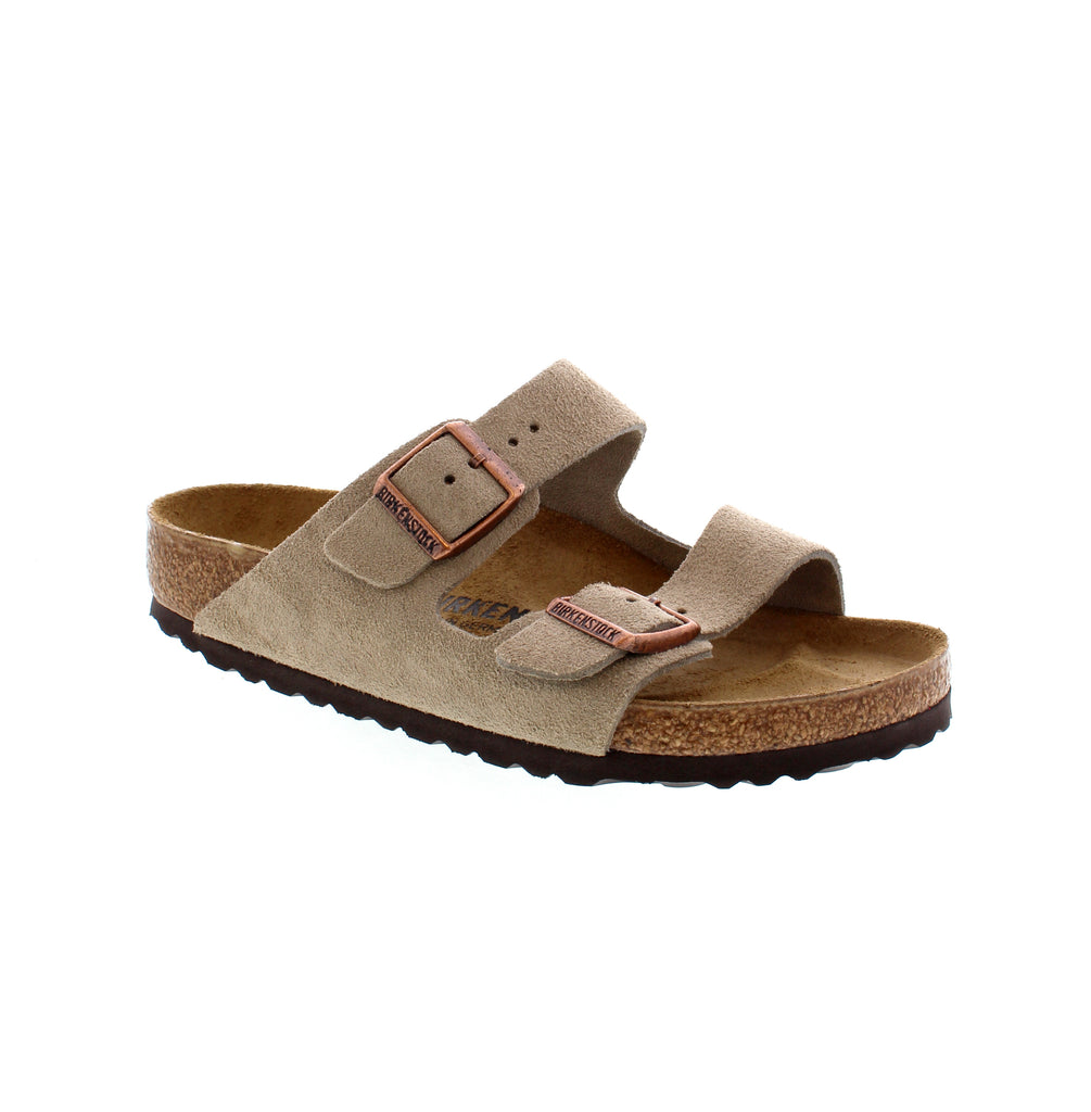 Double adjustable strap sandal with suede upper and leather hard footbed and cork midsole for added support.