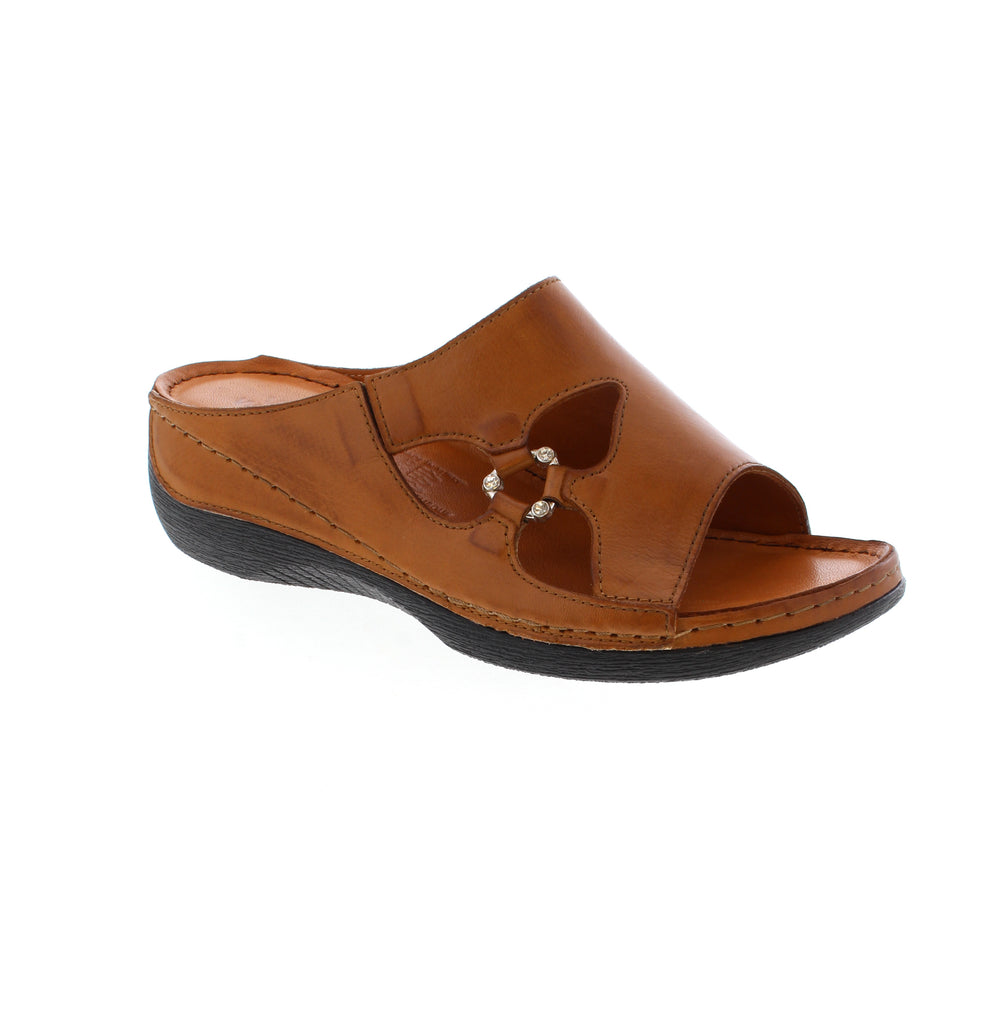 Volks Walkers 5458-BROWN leather slide with round toe and sculpted heel under 1". Elasticized upper for easy slip-on wear. EVA/PU midsole provides cushioning with rubber outsole. Leather lining and footbed. Ideal for casual summer comfort.