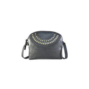 The Milo Ferne is a timeless half-moon handbag with a spacious and generously-sized interior, secured by a zip closure. It features decorative weave details and embellishments on the upper part, as well as a lined interior with pockets for extra storage. An ideal accessory for anyone looking for stylish, practical storage.