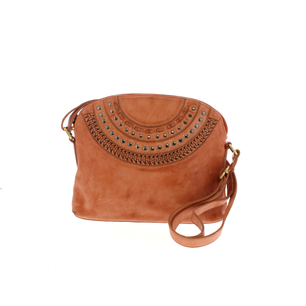 The Milo Ferne is a timeless half-moon handbag with a spacious and generously-sized interior, secured by a zip closure. It features decorative weave details and embellishments on the upper part, as well as a lined interior with pockets for extra storage. An ideal accessory for anyone looking for stylish, practical storage.