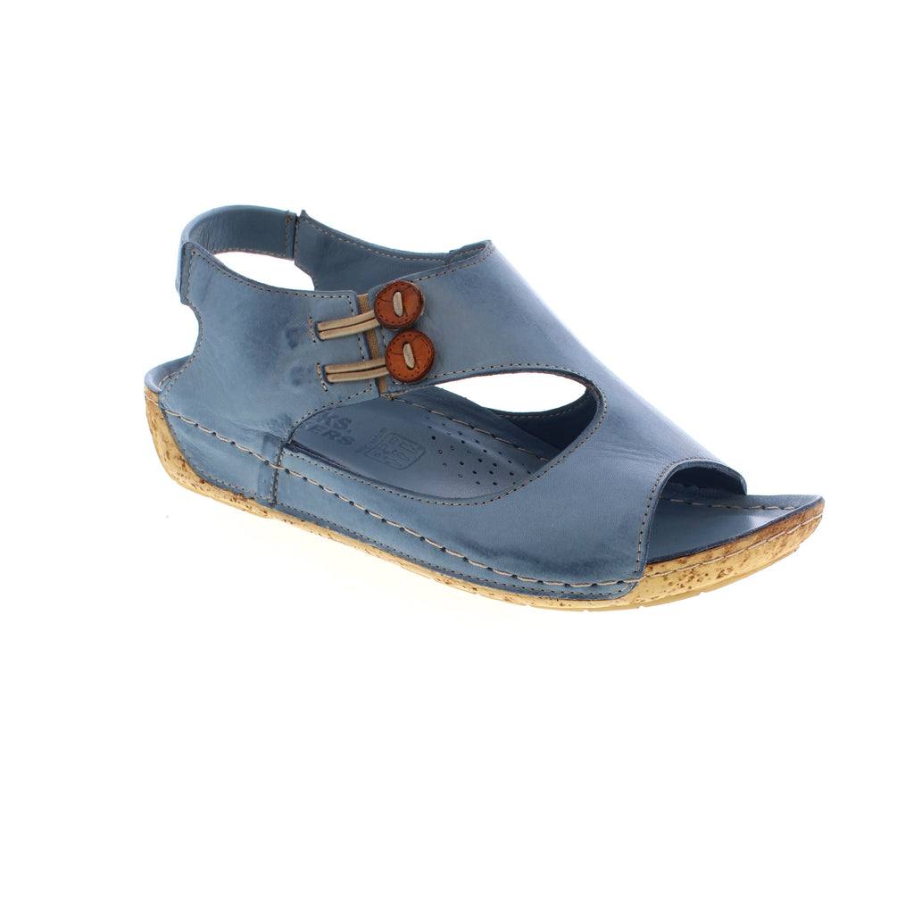 Volks Walkers&nbsp;6069-BLUE leather slip-on sandal with round toe and wedge heel under 1". Elasticized upper and back strap make for an easy on and off. Dual midsole of EVA/PU and cork for comfort. Rubber outsole. True to size for narrow-medium feet. Perfect for casual summer activities.