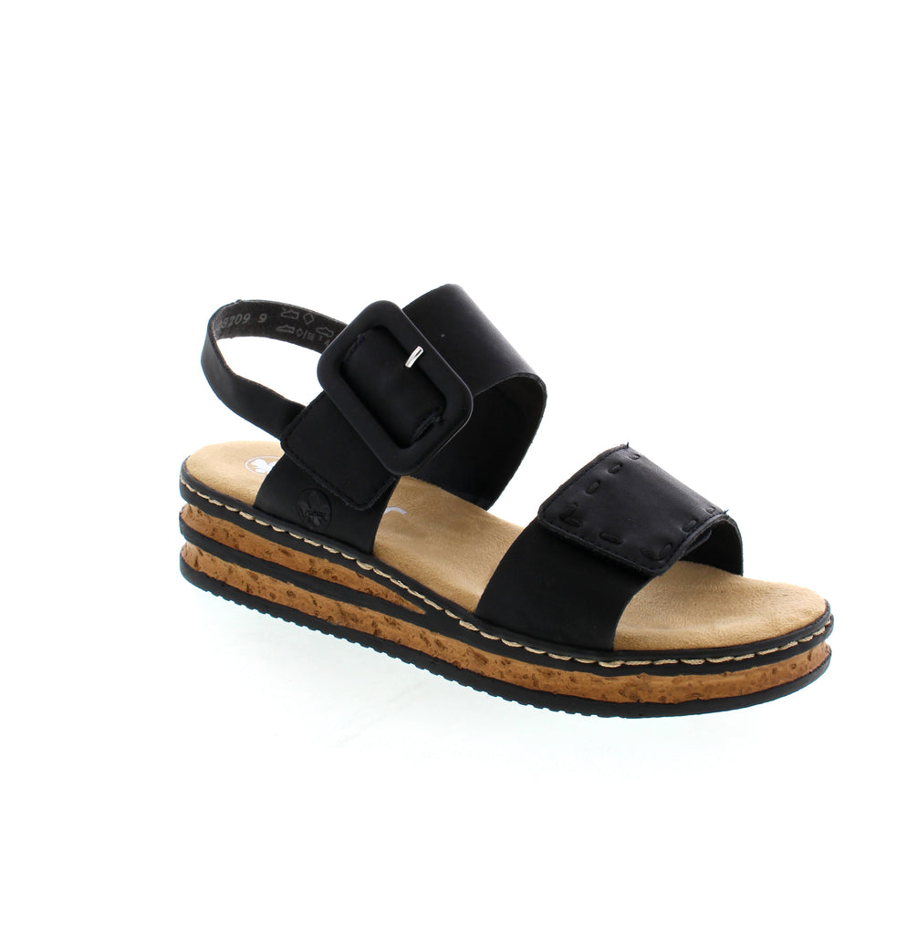 Ladies double velcro strap black sandal, with wedge heel and anti-stress footbed.