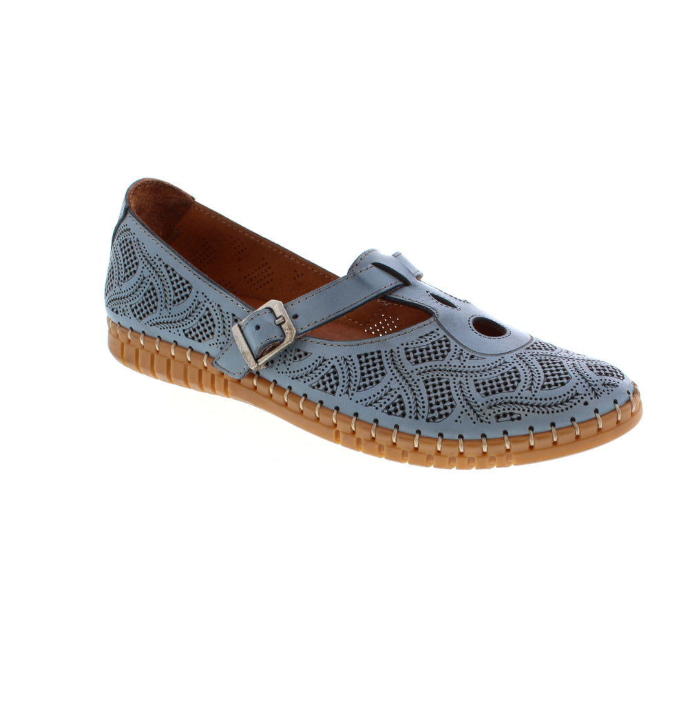 The Volks Walkers 6377 in blue is a versatile Mary Jane flat designed for everyday comfort. Featuring a perforated leather upper with a buckle closure, this shoe offers breathable style perfect for spring and summer. The removable leather insole and EVA/PU midsole provide cushioning support, while the rubber outsole ensures durability. With its round toe, flatform heel, and orthotic-friendly design, it's an ideal choice for casual wear that doesn't compromise on comfort.