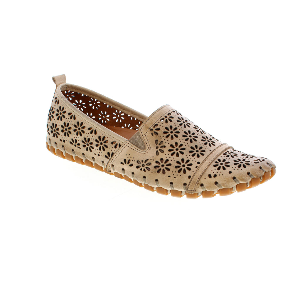 The Volks Walkers 6378 in beige is a comfortable slip-on flat designed for everyday ease. Its perforated leather upper and removable leather insole with a cushioning EVA/PU midsole deliver all-day support, while the round toe and low flatform heel provide a flattering silhouette. Orthotic-friendly and built with a durable rubber sole.