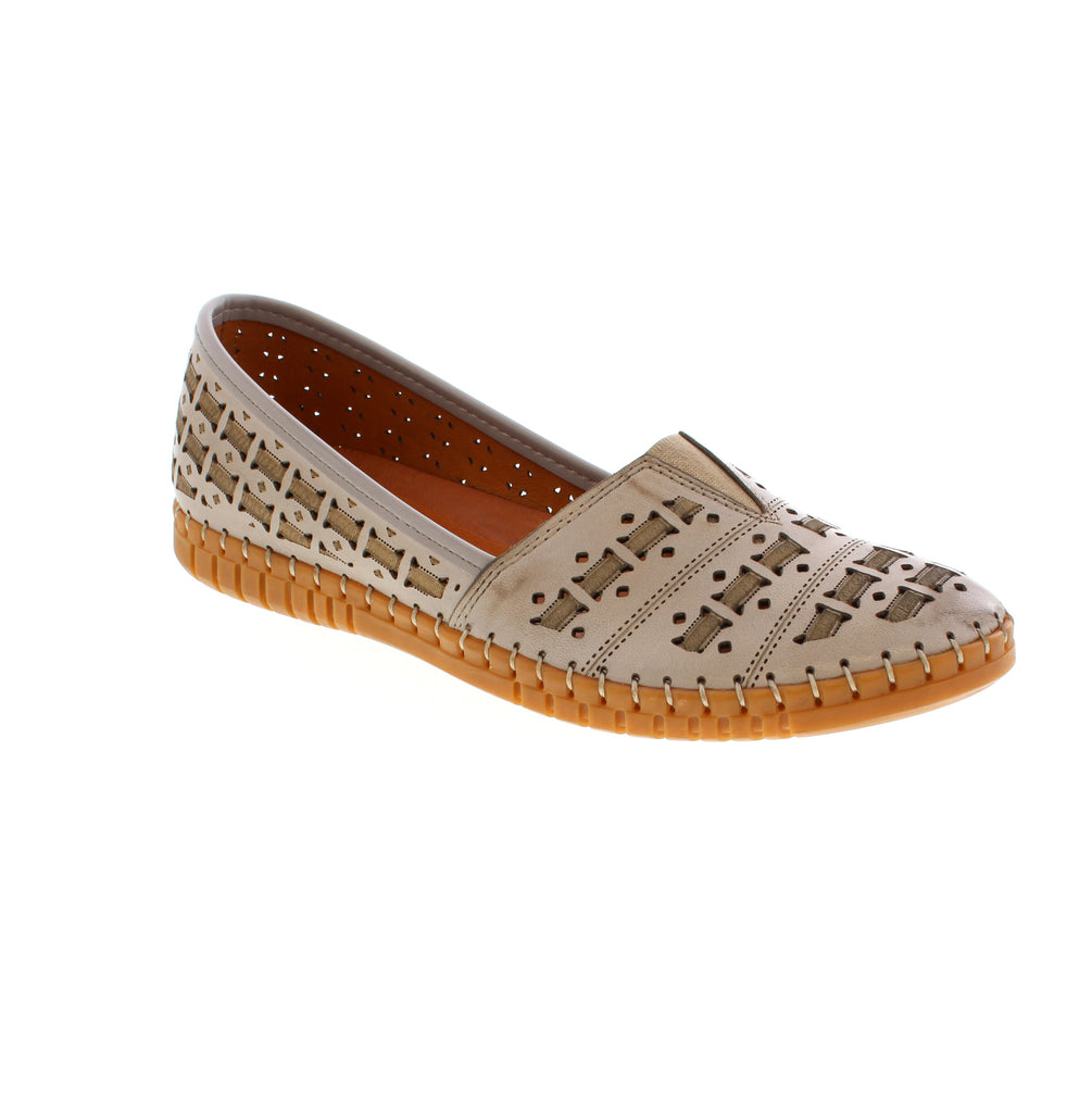 Meet the Volks Walkers 6380 in beige, a practical slip-on flat for casual comfort. Crafted with perforated leather and an elasticized upper, the leather-lined interior and removable leather insole work with the EVA/PU midsole to keep your feet supported throughout the day. Featuring a round toe, minimal heel, and orthotic-friendly design.