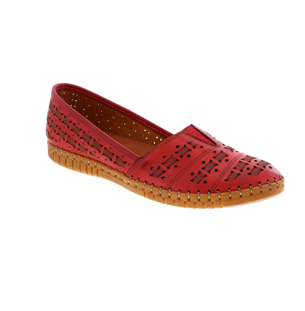 Add a pop of color with the Volks Walkers 6380 in vibrant red. This slip-on flat features a breathable perforated leather upper with an elasticized fit, it includes a leather lining and removable leather insole paired with a EVA/PU midsole for cushioned support. The round toe, low flatform heel, and orthotic-friendly construction make it an excellent choice for casual spring and summer wear.