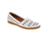 Add a pop of color with the Volks Walkers 6380 in white. This slip-on flat features a breathable perforated leather upper with an elasticized fit, it includes a leather lining and removable leather insole paired with a EVA/PU midsole for cushioned support. The round toe, low flatform heel, and orthotic-friendly construction make it an excellent choice for casual spring and summer wear.