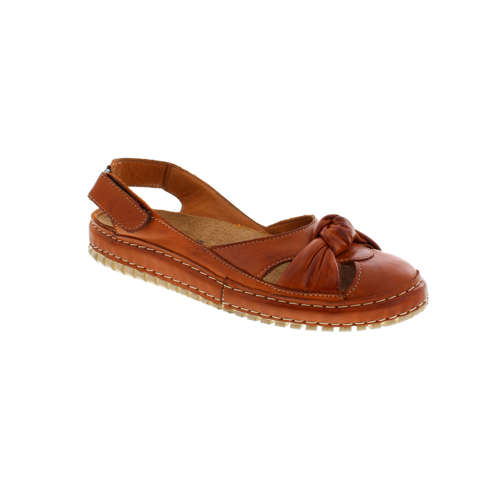 Brown leather slip on sandal with twist toe detail and velcro back strap.