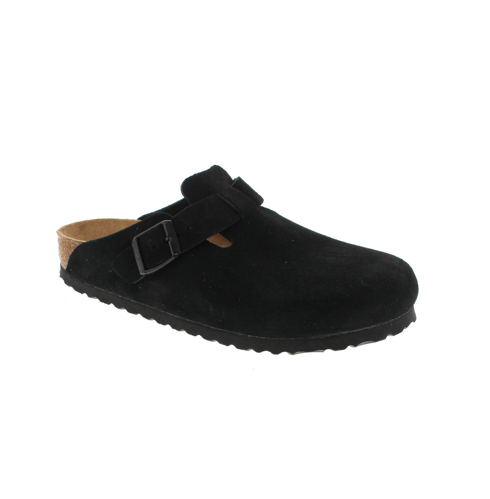 The Birkenstock Boston Soft Footbed in black delivers timeless comfort with a modern edge. Crafted from premium suede uppers this classic clog features a contoured cork midsole that molds to your foot's natural shape.&nbsp; A wardrobe essential with reliable comfort.