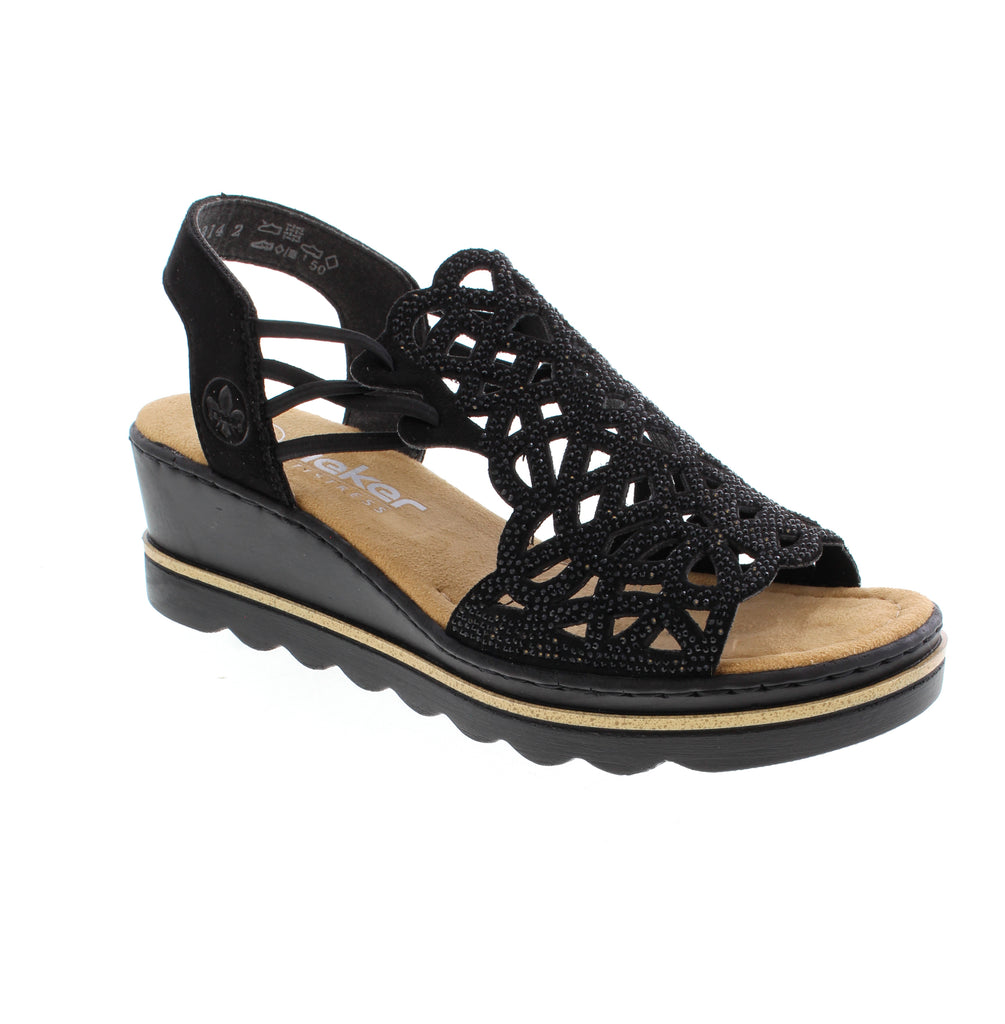 The Rieker 67465-00 black sandal combines sophisticated design with exceptional comfort. Featuring a suede upper with elasticized construction and back strap. The microfiber footbed and foam midsole provide superior cushioning, while the wedge heel and rubber outsole ensure stability. True to size and versatile enough for casual occasions or special events.