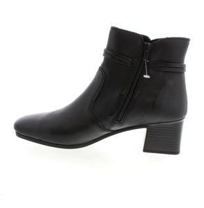 Experience style and comfort with Rieker 70973-00 ankle boots in sleek black leather. The side zipper and shock-absorbing, lightweight sole with block heel make them easy to wear all day. The decorative strap adds a touch of flair while the extra soft cover sole ensures ultimate comfort. Perfect for everyday wear.