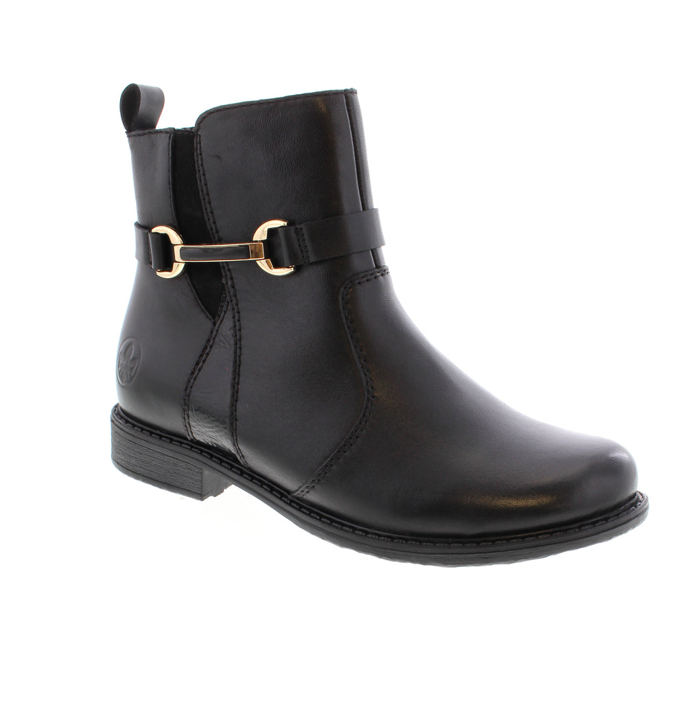 Elevate your everyday style with the Rieker 74856-00, a sophisticated black ankle boot designed for comfort and versatility. This classic piece combines premium leather with practical features for all-day wearability.