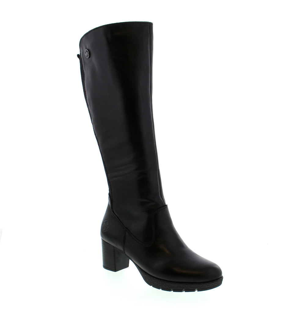 The Rieker 77684-00 knee-high boot for women features a black leather upper with a round toe and a side-zip closure for convenient wear. Designed for fall and winter, it offers a lightweight microfiber lining and a foam midsole to enhance comfort. Its removable microfiber insole and elasticized fit accommodate narrow to medium feet, supporting orthotic-friendly wear. With a practical block heel measuring between 1 and 2 inches.