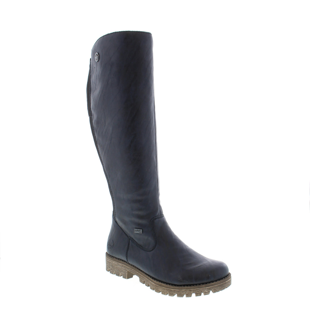 Rieker's 78554-14 navy boot combines warmth and style for cold-weather adventures. This insulated knee-high boot features a water-resistant man-made leather upper, fleece lining, and a removable microfiber footbed for all-day comfort. Built for winter with a shock-absorbent foam midsole and durable rubber outsole, the side zip entry makes it easy to slip on.