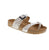 The Haflinger Juno 819079-1813 in Panna Speckle features a white multi leather upper, suede footbed, and cork midsole for everyday comfort. The rocker bottom heel and integrated support system, toe bar, high arch support, and metatarsal support work together to reduce fatigue. Buckle closure and rubber outsole provide secure footing.