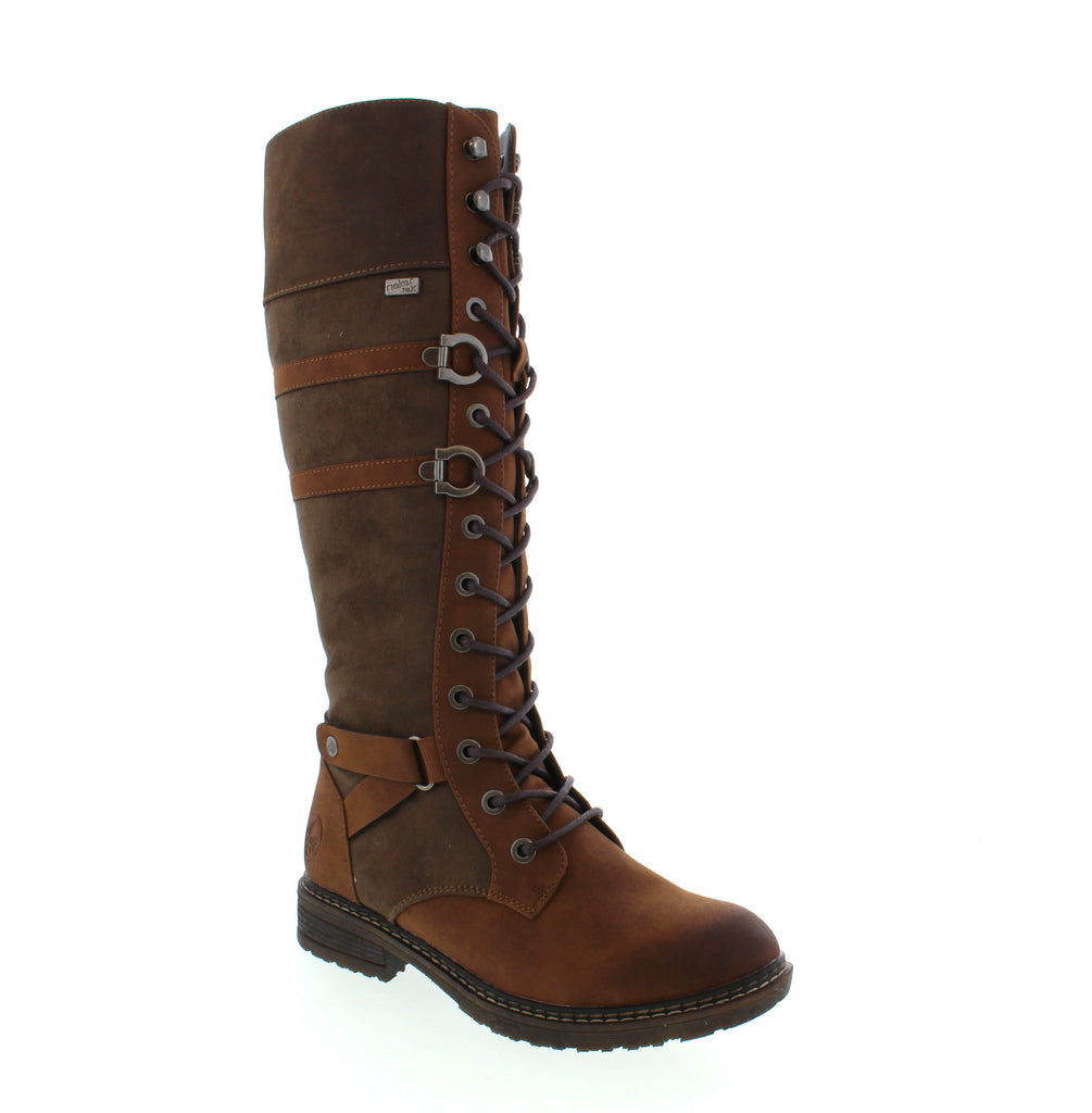 Step out in style and comfort with the Rieker 94732-25 knee-high boots. Featuring a smart blend of lacing and zipper, these boots are easy to slip on and off. Their water-repellent upper shields you from wet and windy weather, while the fluffy warm lining keeps your feet cozy. The grippy sole ensures stability on every surface, making these boots a perfect choice for both fashion and function.