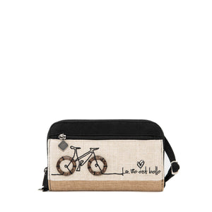 The Jak's Wallet Purse 155 is an ideal on-the-go accessory. With its adjustable shoulder or cross-body strap and cute bicycle design, this one-of-a-kind bag offers both practicality and individuality.