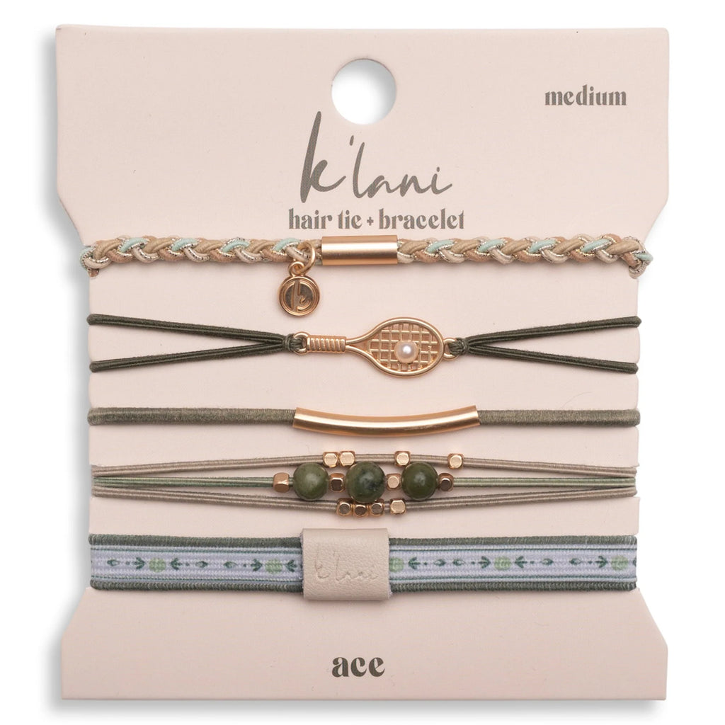 Rock sporty style with the K'lani Ace pack. This set of 5 hair tie bracelets brings vintage tennis court vibes in green and cream, complete with gold racket and pearl ball accents. Wear them for match day or everyday—a fun way to keep your game strong and your look sharp.