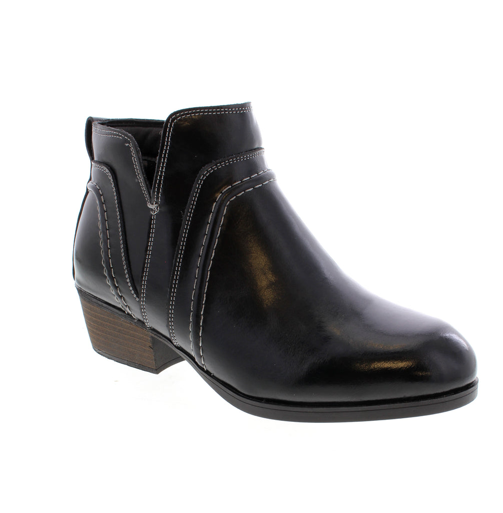 Aqua Diva's AD1729 WP bootie combines sleek black leather with practical side-zip entry for effortless wear. This versatile ankle boot features a comfortable foam midsole, microfiber footbed, and durable rubber outsole perfect for casual everyday styling. Leather upper with man-made lining.