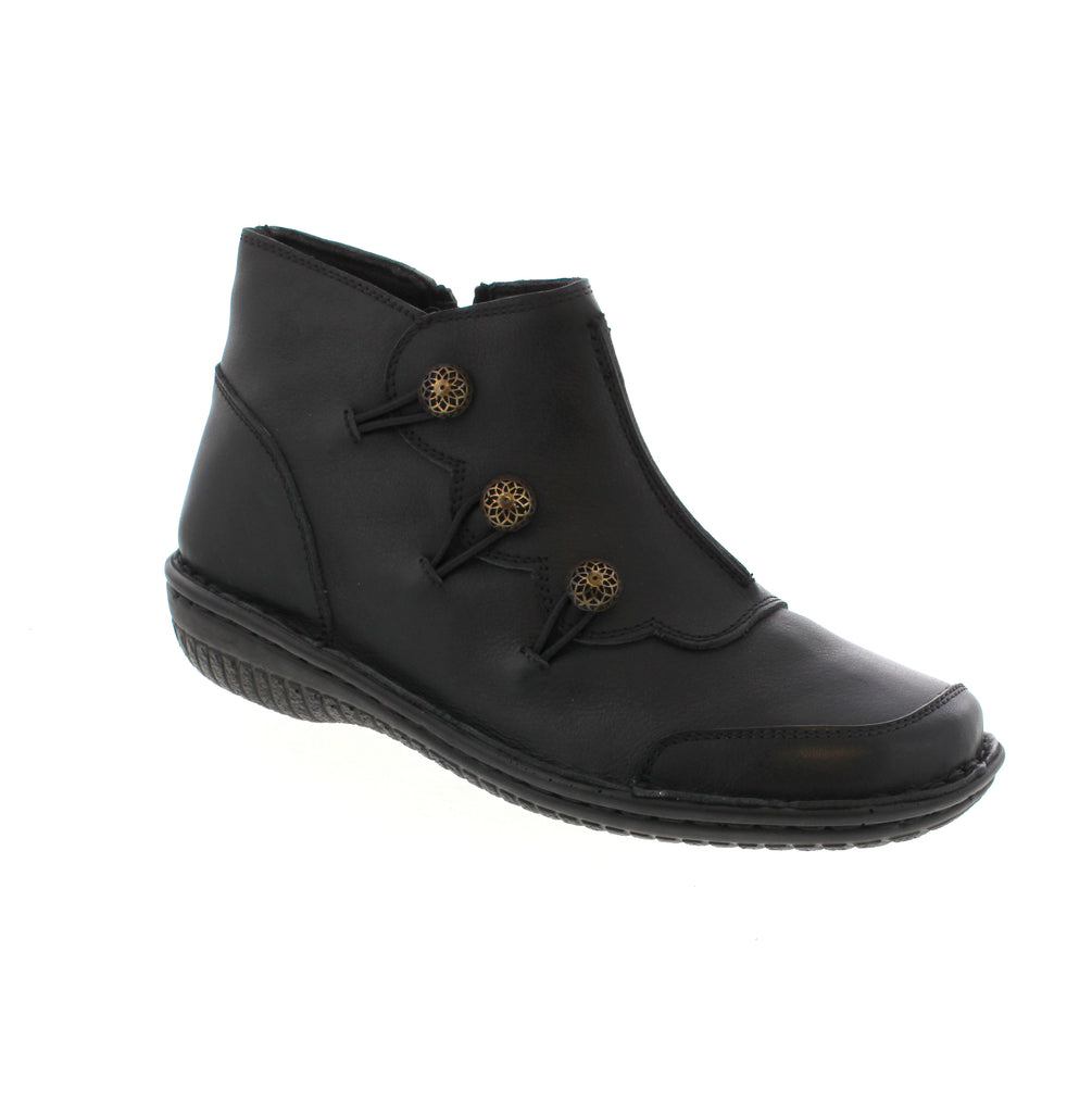 The Volks Walkers Ada in Black offers a refined design with a premium leather upper that ensures durability and sophistication. Featuring a convenient side zipper for effortless wear and a removable insole for personalized comfort and support, this bootie combines functionality with elegant style, making it a versatile addition to any wardrobe.