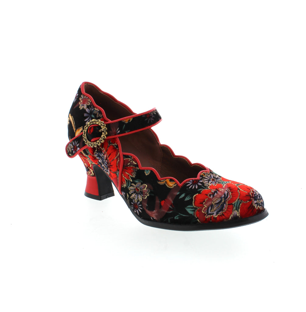 Introducing L'Artist Adorora, the perfect shoes for elegance and sophistication. These Mary Janes offer charm and practicality, featuring a stunning tapestry floral pattern, a hook and loop closure, and a decorative buckle. With a low heel and scalloped edges, they are the ideal choice for any occasion.