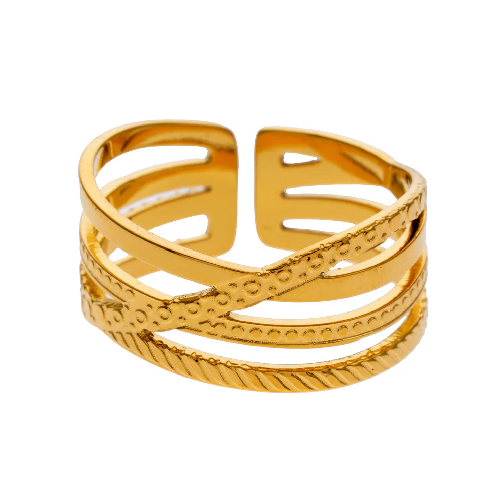 Discover the captivating fusion of contemporary design and intricate detailing in the Hackney Nine Alois ring. Crafted for those who appreciate the artistry of jewelry, this exceptional piece features a stylish crossover silhouette with mesmerizing textures. The adjustable design and tactile finish add to its modern sophistication and individuality. Made with premium base metal and layered in opulent 18 karat gold and silver.