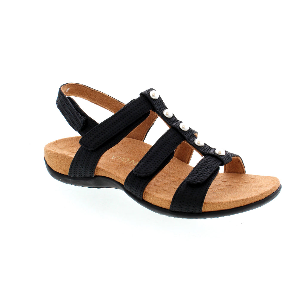 Experience ultimate customization with Vionic's Rest Amber Pearl sandals. Featuring four adjustable straps, you can easily switch up the look by removing the embellished vertical band. With the added touch of pearl detailing, these sandals offer both style and comfort.
