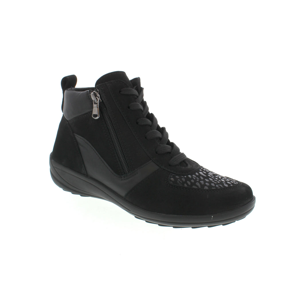 The Anzia Adrianna AP-10529 in black combines style and functionality with a man-made leather upper designed for durability and easy maintenance. Featuring both a side zip and lace-up entry, this ankle boot offers convenient access and a secure fit. The removable insole enhances comfort and allows for custom orthotics, making it suitable for extended wear. Ideal for those seeking a versatile and polished look, this boot delivers expert craftsmanship with everyday practicality.
