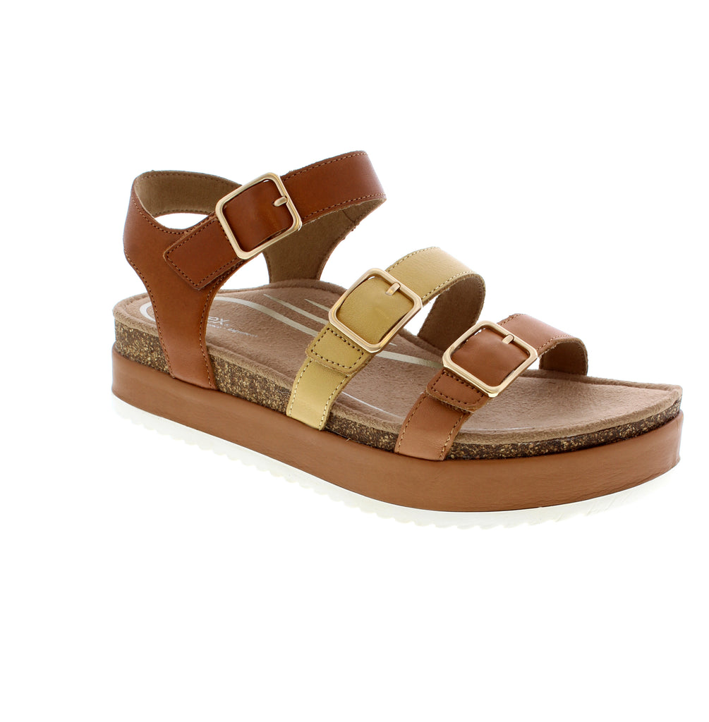 The Aetrex Aria in Sand Multi features a leather upper with velcro closure and a 1-2 inch platform lift. Memory foam and cork midsole provide cushioning, while the anti-bacterial microfiber footbed keeps feet fresh. Ideal for narrow to medium widths and bunion relief.