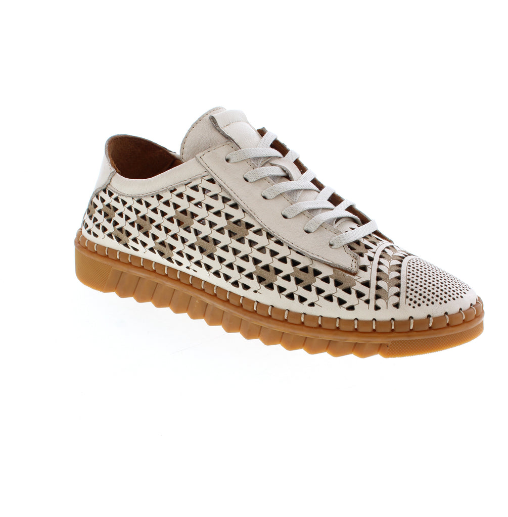 Roamers Aria women's sneaker in cream. Perforated leather upper with leather lining and footbed for breathability and durability. Removable insole supports orthotic needs. Foam midsole with flatform heel provides cushioning and stability. Lace-up closure with rubber outsole