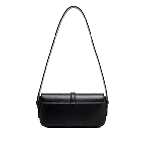 Ladies black vegan leather shoulder bag with flap over and metal clasp for closure.