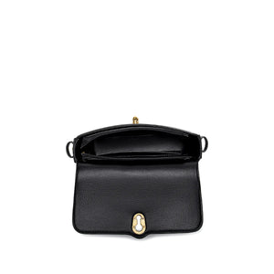 Ladies black vegan leather shoulder bag with flap over and metal clasp for closure.