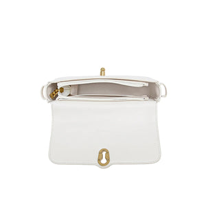 Ladies shoulder bag with flap over, and metal clasp for closure.