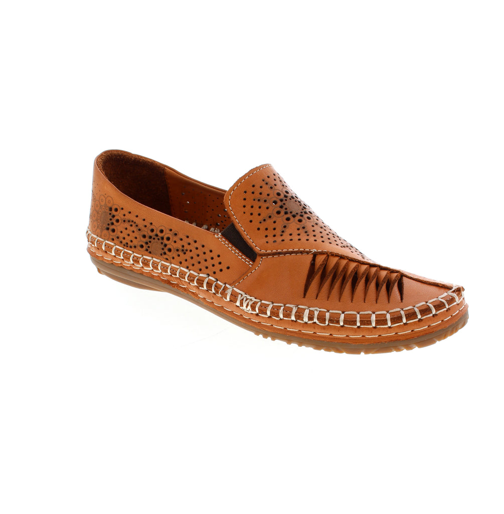 Roamers Atzi women's slip-on shoe in tan. Perforated leather upper with elasticized fit for easy on-and-off wear. Leather lining and footbed with removable insole designed for orthotic support. EVA/PU midsole with molded heel provides comfort and stability. Rubber outsole.