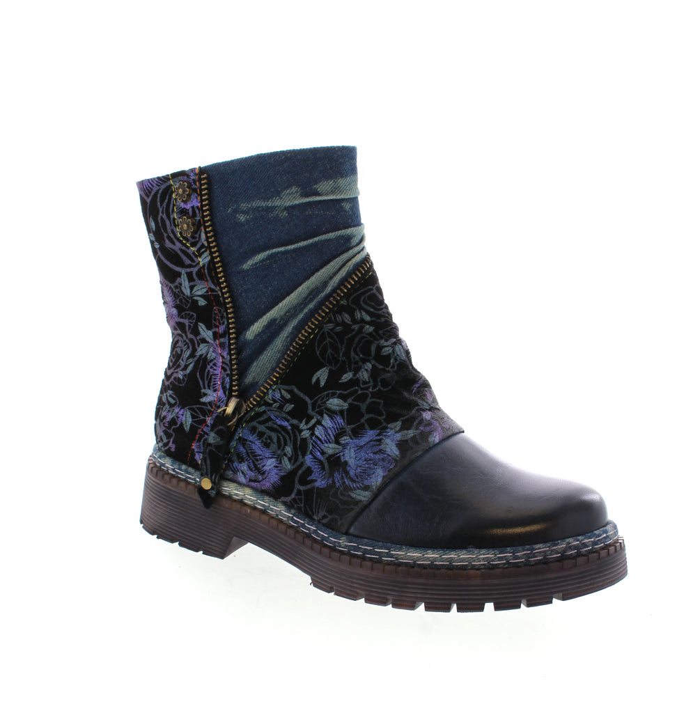 L'Artist Avrilrose in Navy Multi is the perfect bootie for those looking to make a statement. The lug sole and denim-wrapped welt provide an edgy and urban feel, while the daisy accents add a touch of femininity. These boots are ideal for pairing with distressed denim and a leather jacket, creating a cool and adventurous look.