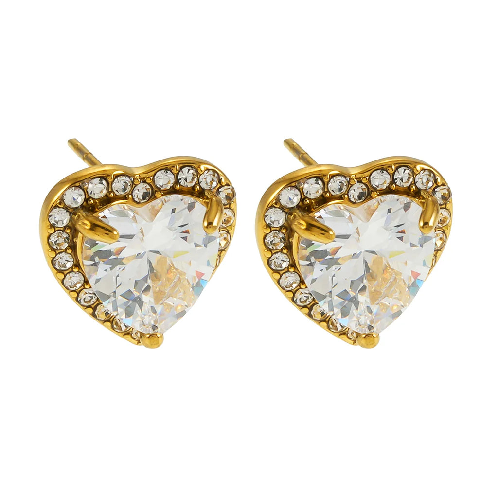 Introducing the Banrak by Hackney Nine. These heart-shaped stud earrings feature shimmering moissanite and cubic zirconia stones set in 18 karat gold. Perfect for special occasions or everyday elegance. Nickel-free, hypoallergenic, tarnish-resistant, and waterproof for lasting wear and comfort.