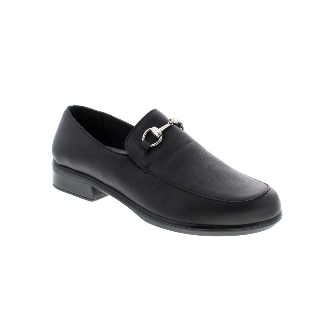 The Naot Bentu loafer is a timeless classic featuring silver-tone hardware and a removable cork & latex footbed for cushion and comfort. Its abrasive sole ensures stable footing and a safe anti-slip experience.