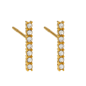 Elevate your style with our Hackney Nine Bihar Gold earrings. Featuring a minimalist bar design adorned with delicate pavé zirconia stones, these studs offer a perfect blend of simplicity and sophistication. Their timeless quality adds subtle sparkle to any outfit, making them a must-have for everyday glamour.