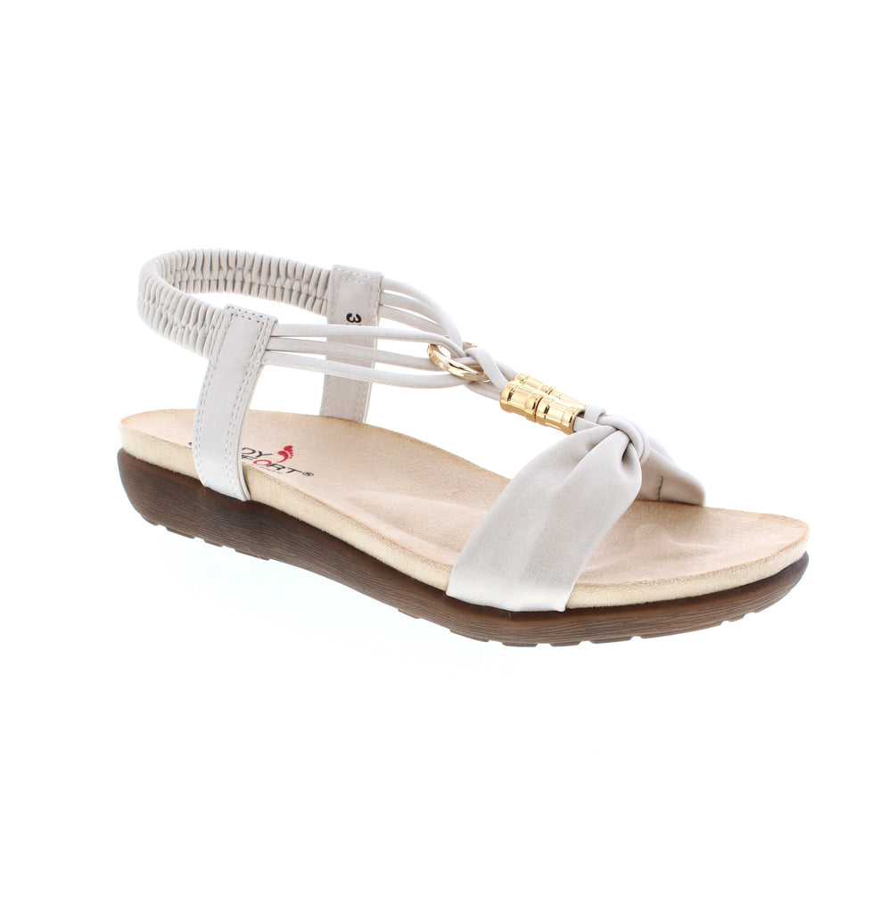 Elegant beige metallic sandals from Lady Comfort BRIANNA-03, perfect for spring and summer occasions. Features a comfortable slip-on design with an elasticized upper, foam midsole, and microfiber footbed for all-day wear. Versatile enough for casual outings or special events like weddings and graduations.