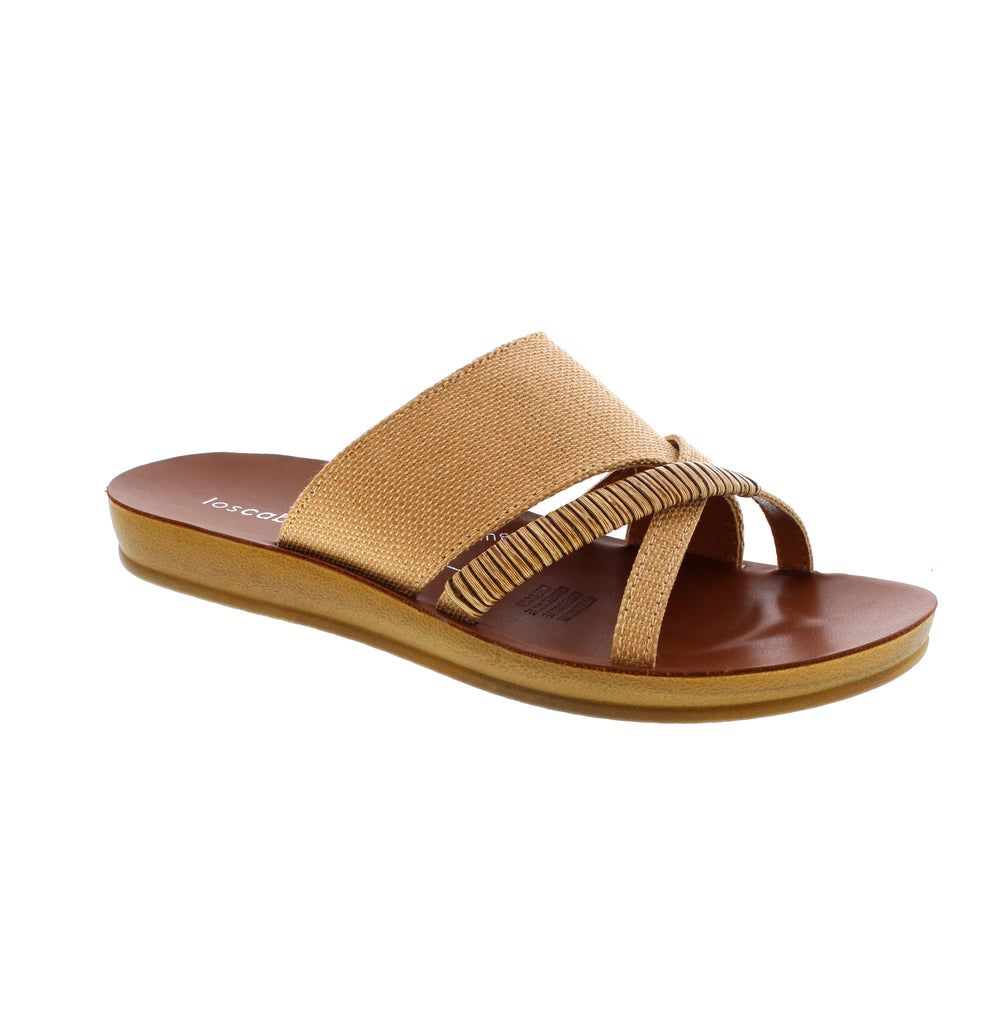 Los Cabos BRIDE tan slide sandals by Los Cabos with a woven fabric upper for breathable comfort. Slip-on design pairs a man-made leather footbed with foam cushioning and durable rubber outsole. Perfect for casual summer wear, these slides suit narrow to medium feet and offer effortless style. Consider sizing up for the best fit.