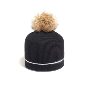 Elevate your winter wardrobe with the Brume White Crown Mountain hat. Made from the finest fabrics, this ribbed-knit head warmer not only provides exceptional warmth, but also boasts a chic rhinestone ring and removable coyote fur pompom. 