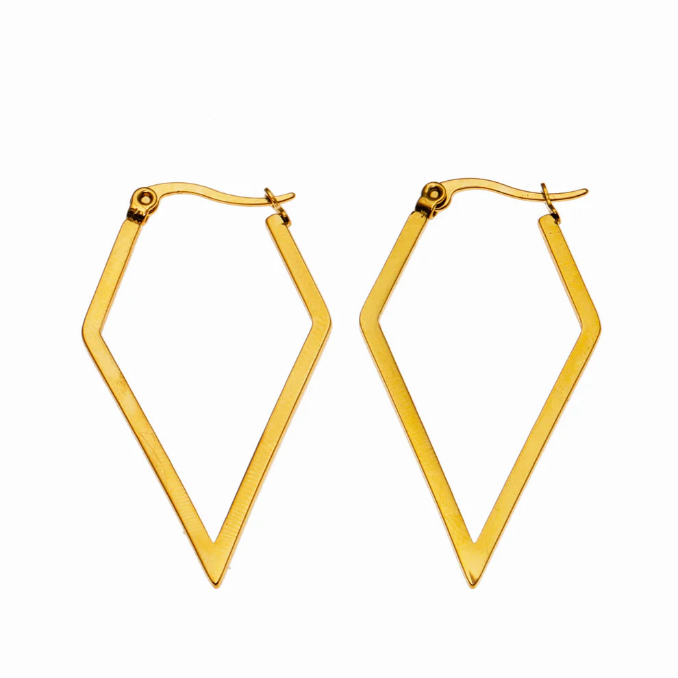 These contemporary diamond-shaped hoop earrings feature clean, geometric lines perfect for any occasion. Made from premium recycled metal with a pure 18K gold layer, they're hypoallergenic and nickel-free, so they won't irritate sensitive skin or cause discoloration. A versatile, elegant addition to your jewellery collection.