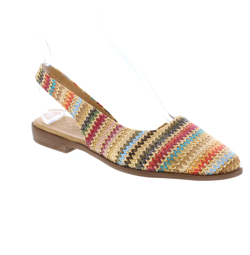 The Bueno Bronx beige print slingback flat offers casual comfort with eye-catching style. Its woven fabric upper in a vibrant multi-color print adds personality to any summer outfit, while the leather lining and footbed ensure softness and durability. The low block heel and foam midsole provide gentle support, and the slingback design delivers a secure fit. Perfect for feet seeking a playful, comfortable everyday shoe.